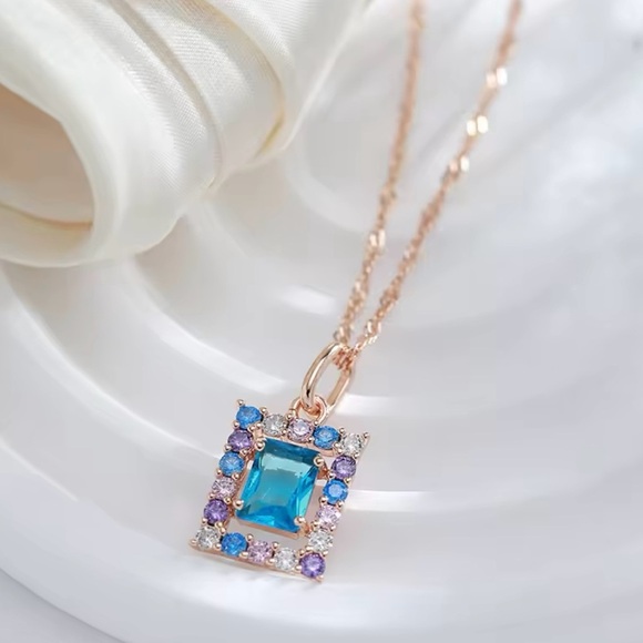 585 Rose Gold Square Pendant Necklace for Women Blue Natural Zircon Necklaces - Picture 3 of 5